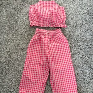 Zara Girls Pink Gingham Jumpsuit Set